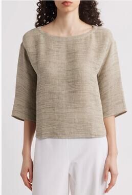 Eileen Fisher bateau neck top organic linen textured blend weave size large